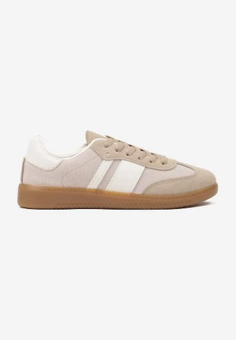 Ciemnobeżowe Sneakersy na Kauczukowej Podeszwie Ozdobione Paskami Emidi
