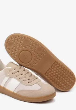Ciemnobeżowe Sneakersy na Kauczukowej Podeszwie Ozdobione Paskami Emidi