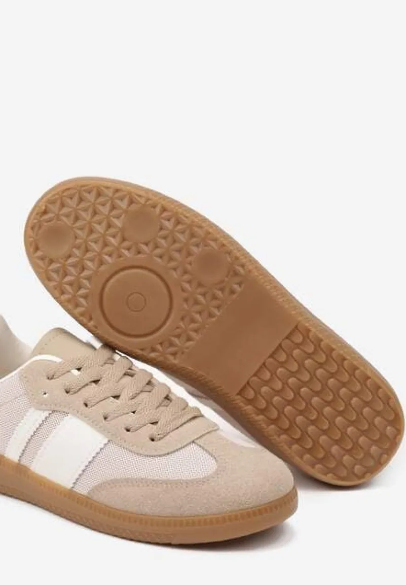 Ciemnobeżowe Sneakersy na Kauczukowej Podeszwie Ozdobione Paskami Emidi