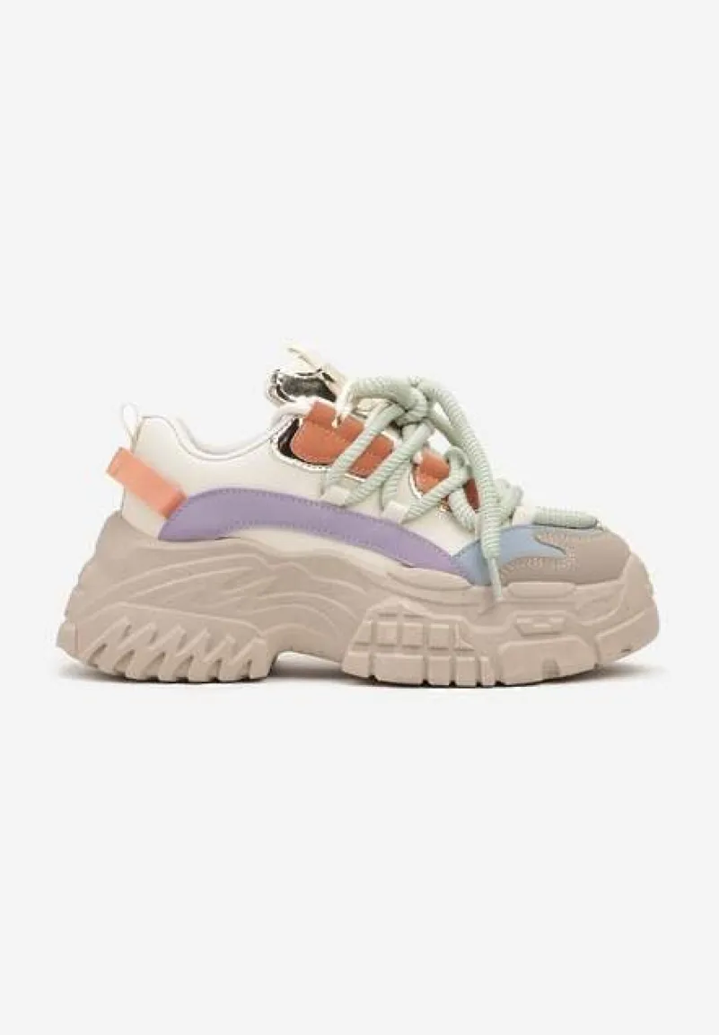 Ciemnobeżowe Sneakersy na Koturnie ze Żłobieniami z Podwójnymi Sznurówkami Avalea