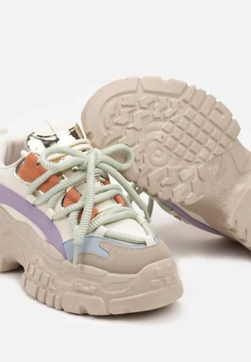 Ciemnobeżowe Sneakersy na Koturnie ze Żłobieniami z Podwójnymi Sznurówkami Avalea