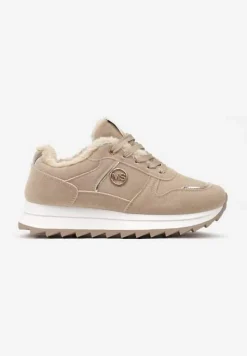 Ciemnobeżowe Sneakersy na Płaskiej Podeszwie z Metaliczną Ozdobą i Ociepleniem Solirra