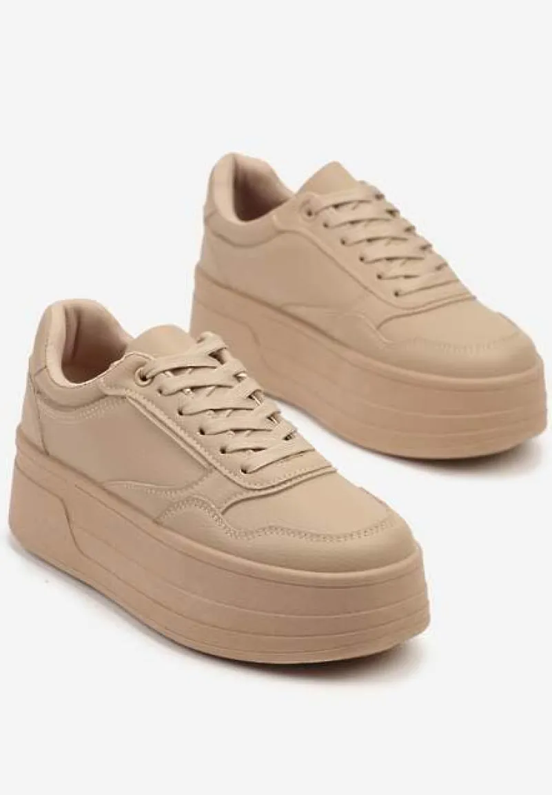 Ciemnobeżowe Sneakersy na Platformie Ozdobionej Tłoczeniem Vaiviera