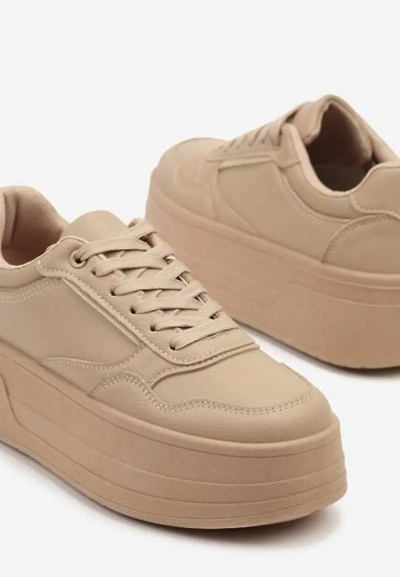 Ciemnobeżowe Sneakersy na Platformie Ozdobionej Tłoczeniem Vaiviera