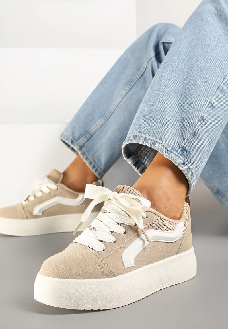 Ciemnobeżowe Sneakersy na Platformie z Geometrycznym Wzorem Kornelna