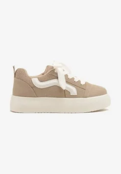 Ciemnobeżowe Sneakersy na Platformie z Geometrycznym Wzorem Kornelna