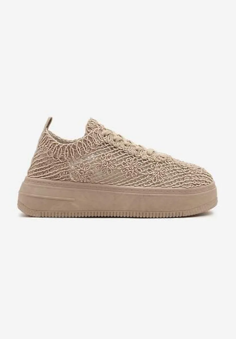 Ciemnobeżowe Sneakersy na Platformie z Ażurowym Wykończeniem Isdisane