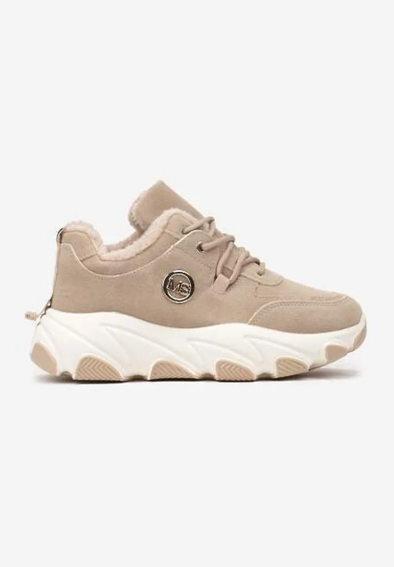 Ciemnobeżowe Sneakersy na Platformie z Metaliczną Ozdobą i Geometrycznym Motywem Delasiel