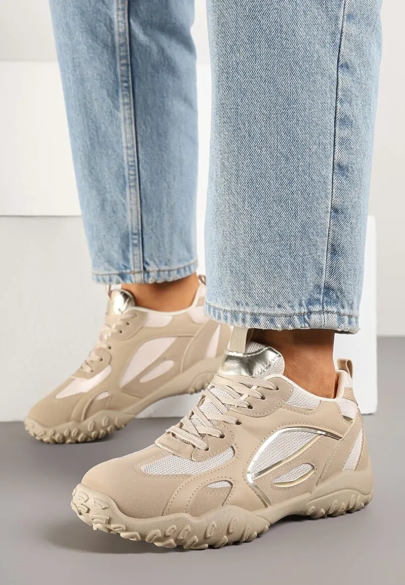 Ciemnobeżowe Sneakersy Ozdobione Tłoczoną Cholewką Pillitha
