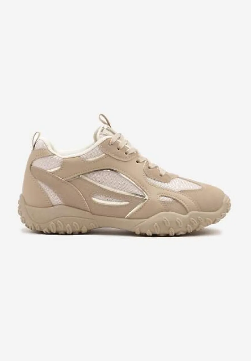 Ciemnobeżowe Sneakersy Ozdobione Tłoczoną Cholewką Pillitha