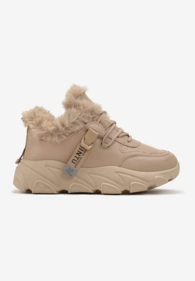 Ciemnobeżowe Sneakersy Przed Kostkę na Płaskiej Grubej Podeszwie z Ociepleniem ze Sztucznego Futerka Borrolla
