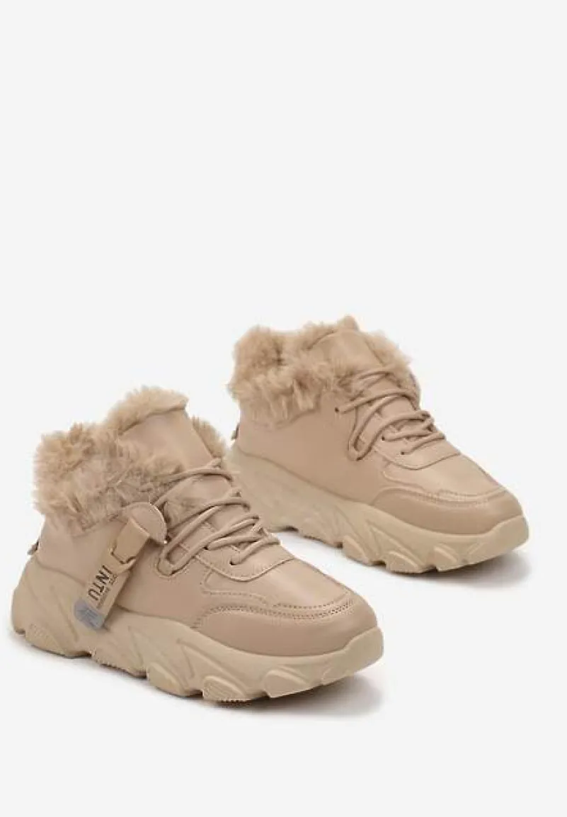 Ciemnobeżowe Sneakersy Przed Kostkę na Płaskiej Grubej Podeszwie z Ociepleniem ze Sztucznego Futerka Borrolla