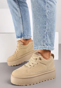 Ciemnobeżowe Sneakersy Stylizowane na Śniegowce Ozdobione Futerkiem Maviena