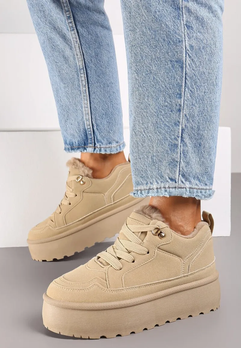 Ciemnobeżowe Sneakersy Stylizowane na Śniegowce Ozdobione Futerkiem Maviena