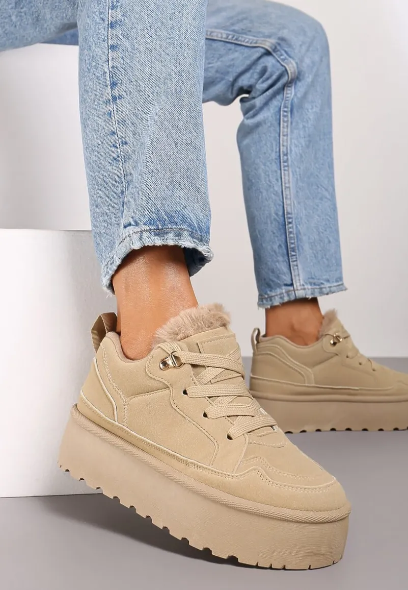Ciemnobeżowe Sneakersy Stylizowane na Śniegowce Ozdobione Futerkiem Maviena