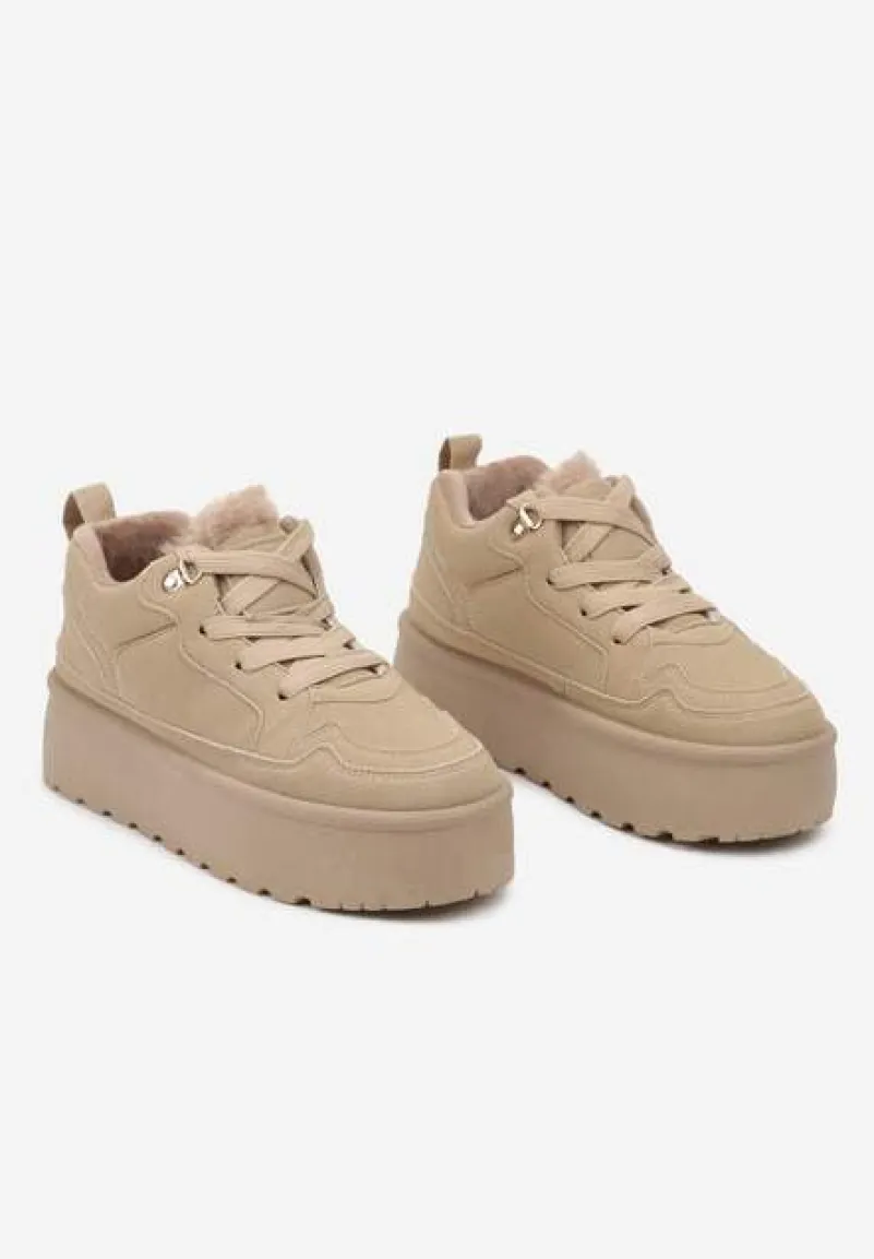 Ciemnobeżowe Sneakersy Stylizowane na Śniegowce Ozdobione Futerkiem Maviena