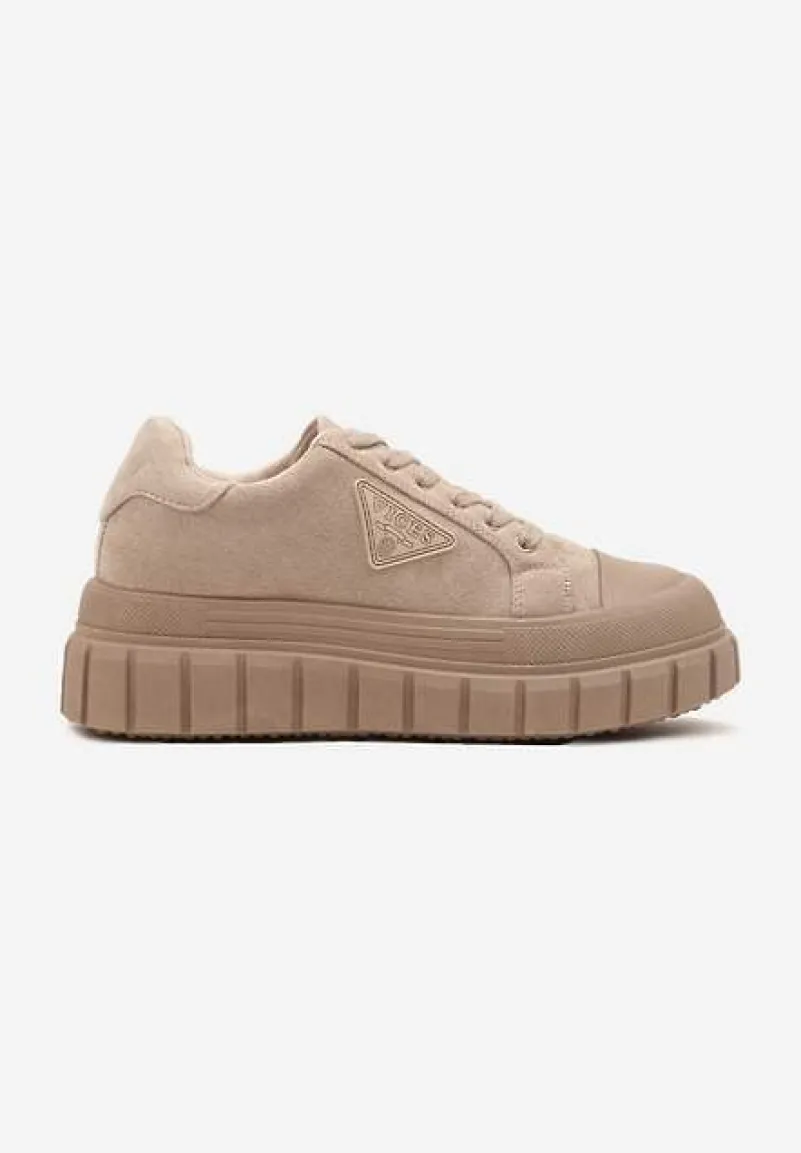 Ciemnobeżowe Sneakersy Vices na Platformie z Ozdobą i Napisem Leawen