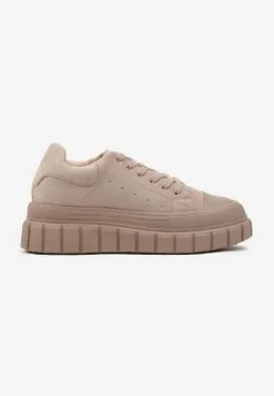 Ciemnobeżowe Sneakersy Vices na Platformie z Tłoczeniem Ozdobione Perforacją Leaniael