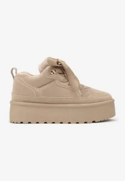 Ciemnobeżowe Sneakersy Vices na Platformie Obszyte Futerkiem Naleris