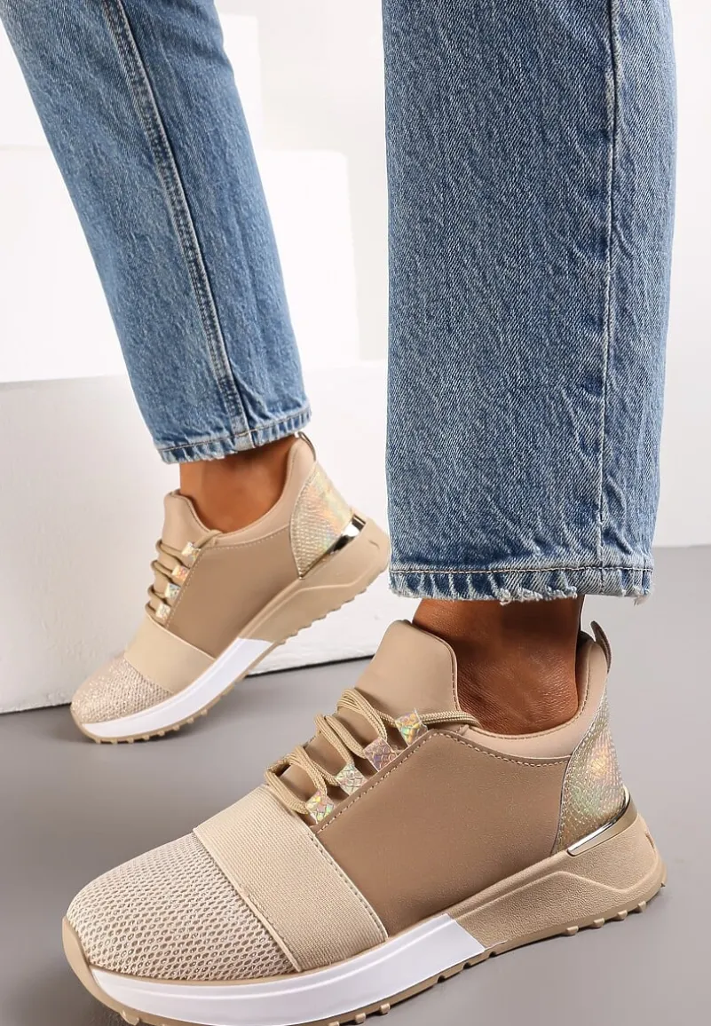 Ciemnobeżowe Sneakersy z Elastyczną Cholewką przed Kostkę i Brokatem Dalapa
