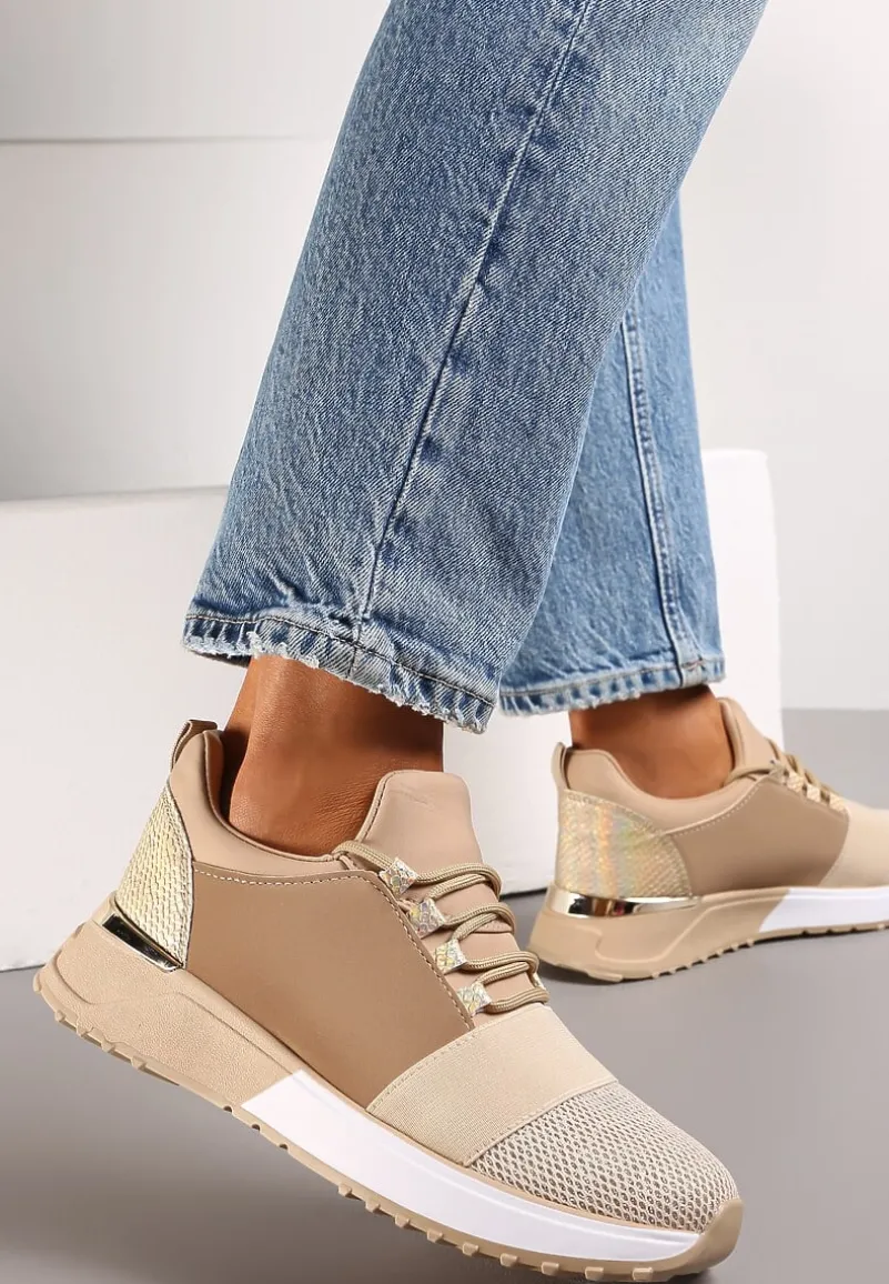 Ciemnobeżowe Sneakersy z Elastyczną Cholewką przed Kostkę i Brokatem Dalapa