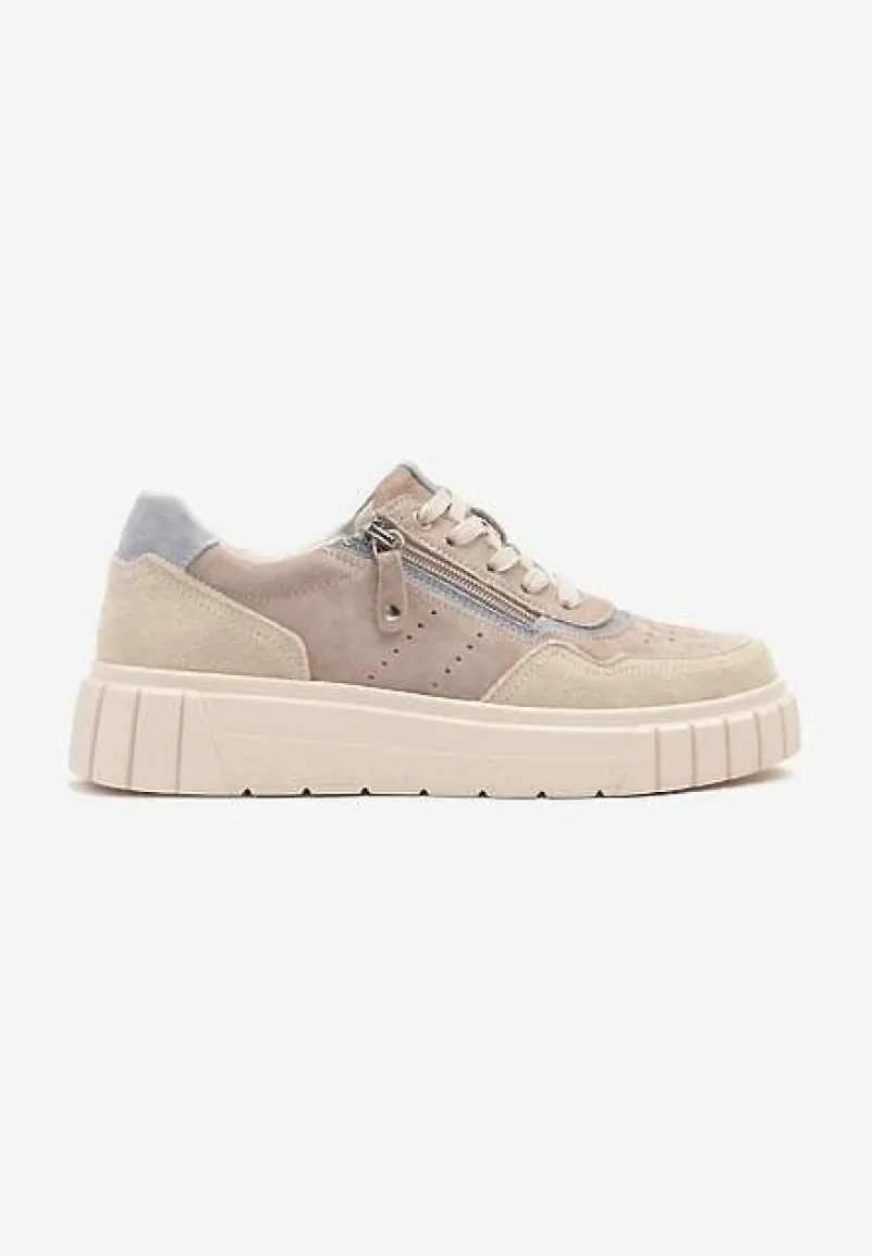 Ciemnobeżowe Sneakersy ze Skóry Naturalnej z Ozdobnym Suwakiem Tilliraya