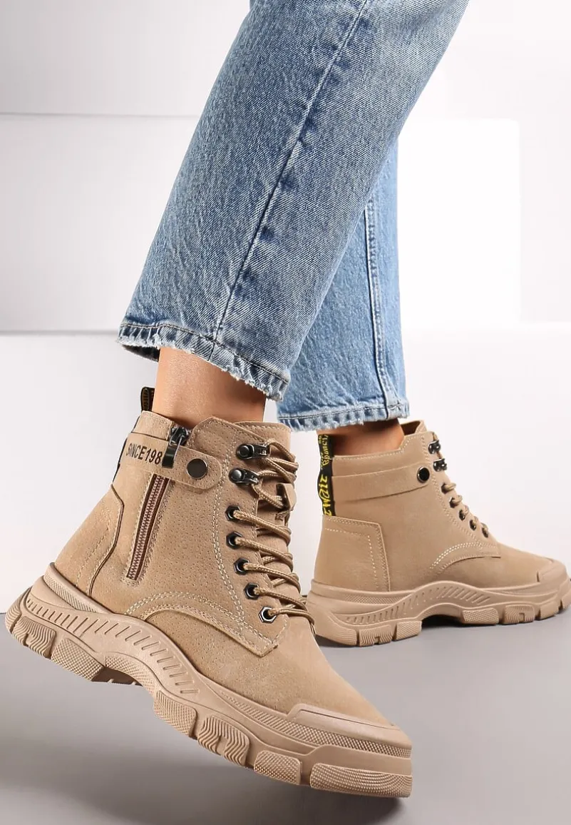 Ciemnobeżowe Sznurowane Botki Traperki na Grubej Podeszwie Trewenna