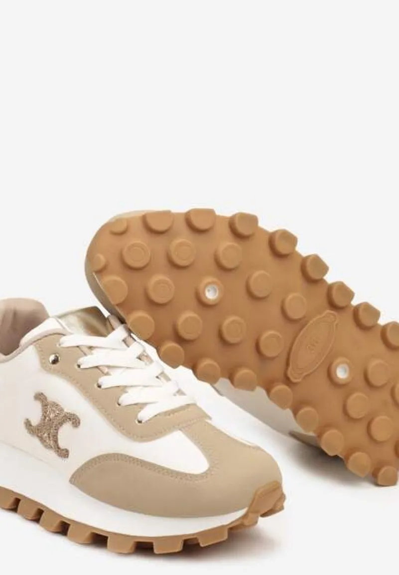 Ciemnobeżowe Sznurowane Sneakersy na Płaskiej Podeszwie Ozdobione Metalicznymi Aplikacjami Zetissa