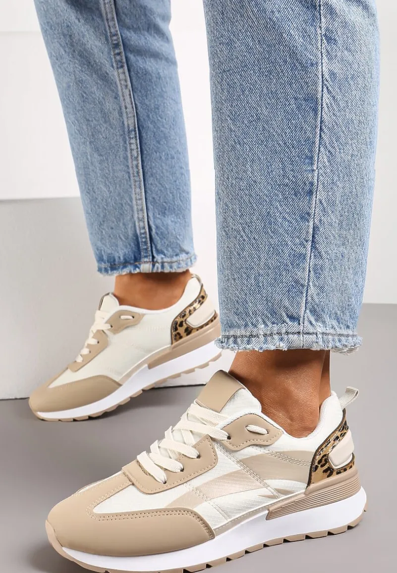 Ciemnobeżowe Sznurowane Sneakersy z Materiałowymi Wstawkami Aneril