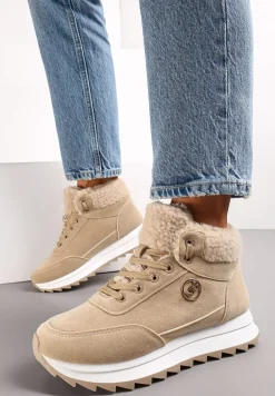 Ciemnobeżowe Zimowe Sneakersy ze Sztucznym Futerkiem Turelia