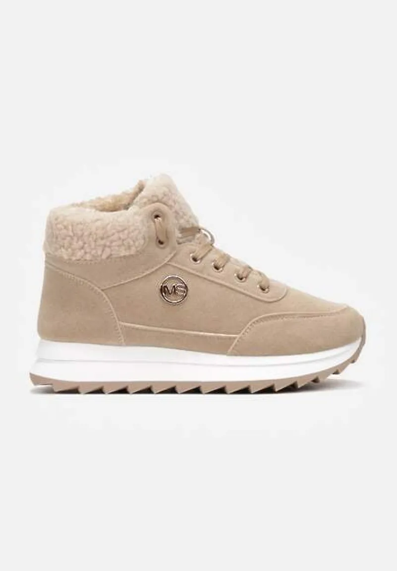 Ciemnobeżowe Zimowe Sneakersy ze Sztucznym Futerkiem Turelia