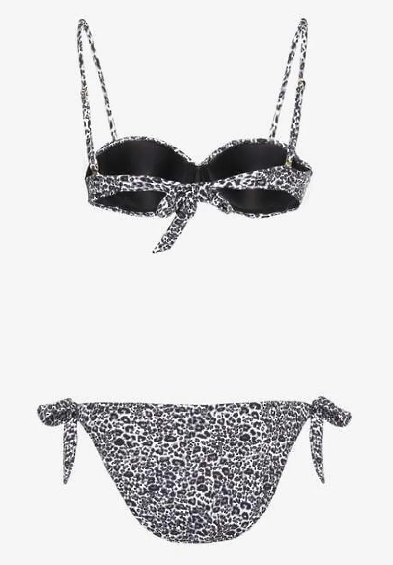 Ciemnoszare Bikini Usztywniany Biustonosz z Ozdobą i Majtki Typu Figi ze Sznurkami po Bokach Aromarie