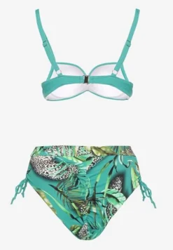 Ciemnozielone Bikini z Motywem Roślinnym Biustonosz i Majtki Figi ze Ściągaczami Sadorene