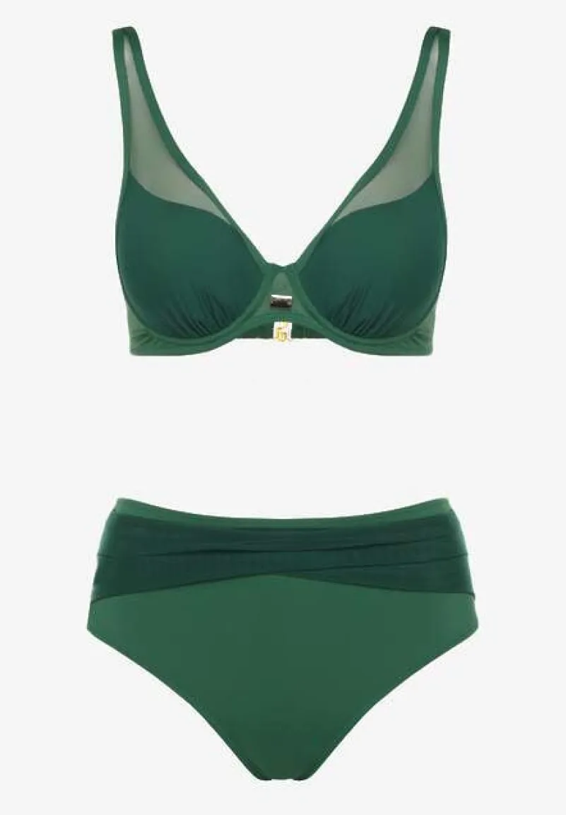 Ciemnozielone Bikini z Siateczkowymi Zdobieniami Biustonosz i Majtki Typu Figi Linelissa
