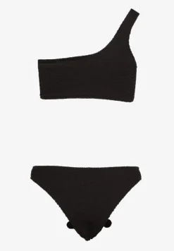 Czarne Bikini 2-Częściowe Asymetryczny Stanik i Majtki z Aplikacjami Kwiatu Namsilea