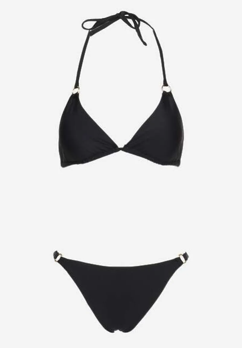 Czarne Bikini 2-Częściowe Majtki Figi i Biustonosz Wiązany na Plecach Calix