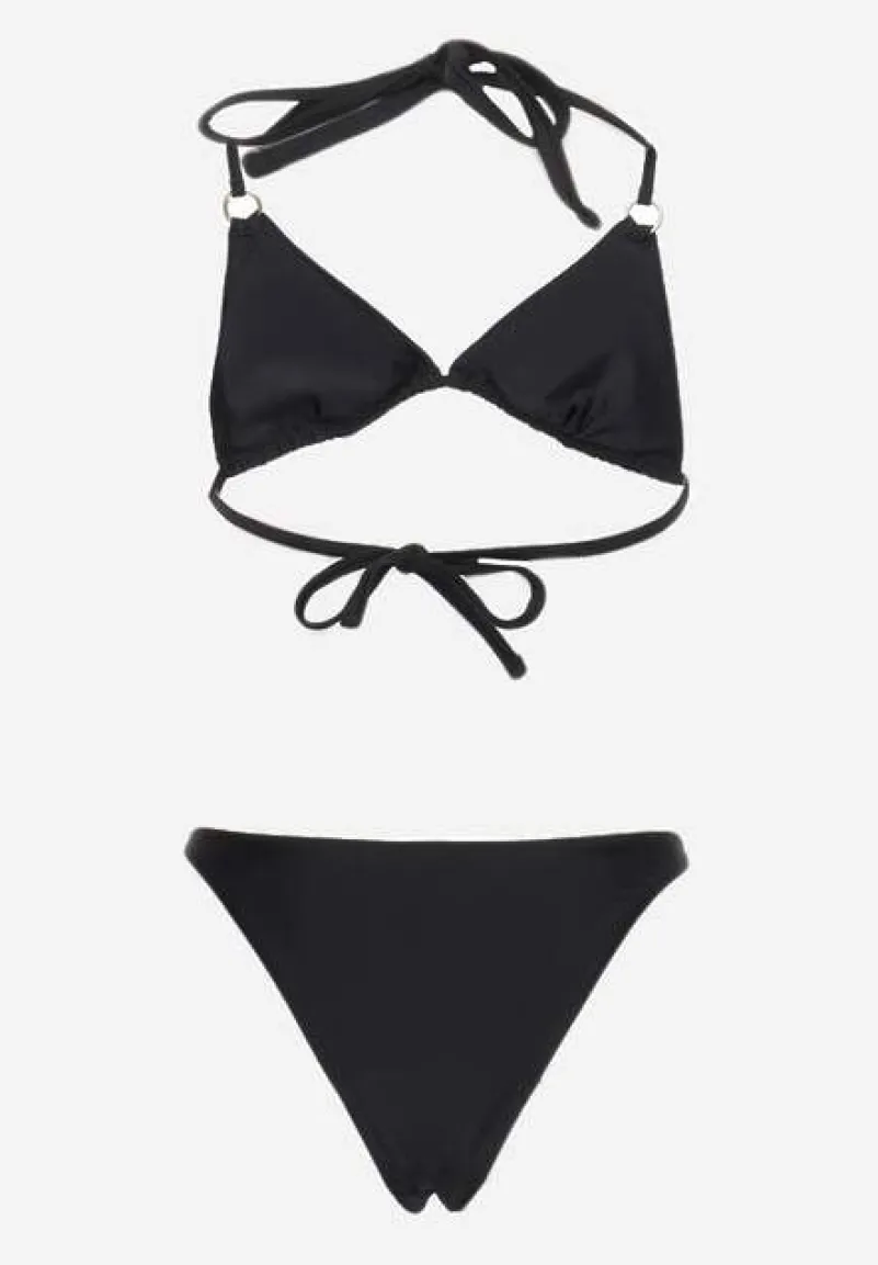 Czarne Bikini 2-Częściowe Majtki Figi i Biustonosz Wiązany na Plecach Calix