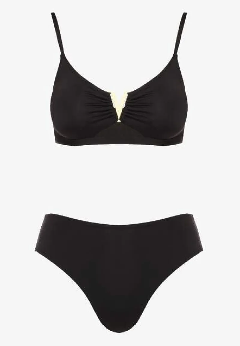 Czarne Bikini Majtki Figi i Biustonosz Ozdobiony Metaliczną Aplikacją Kinniela