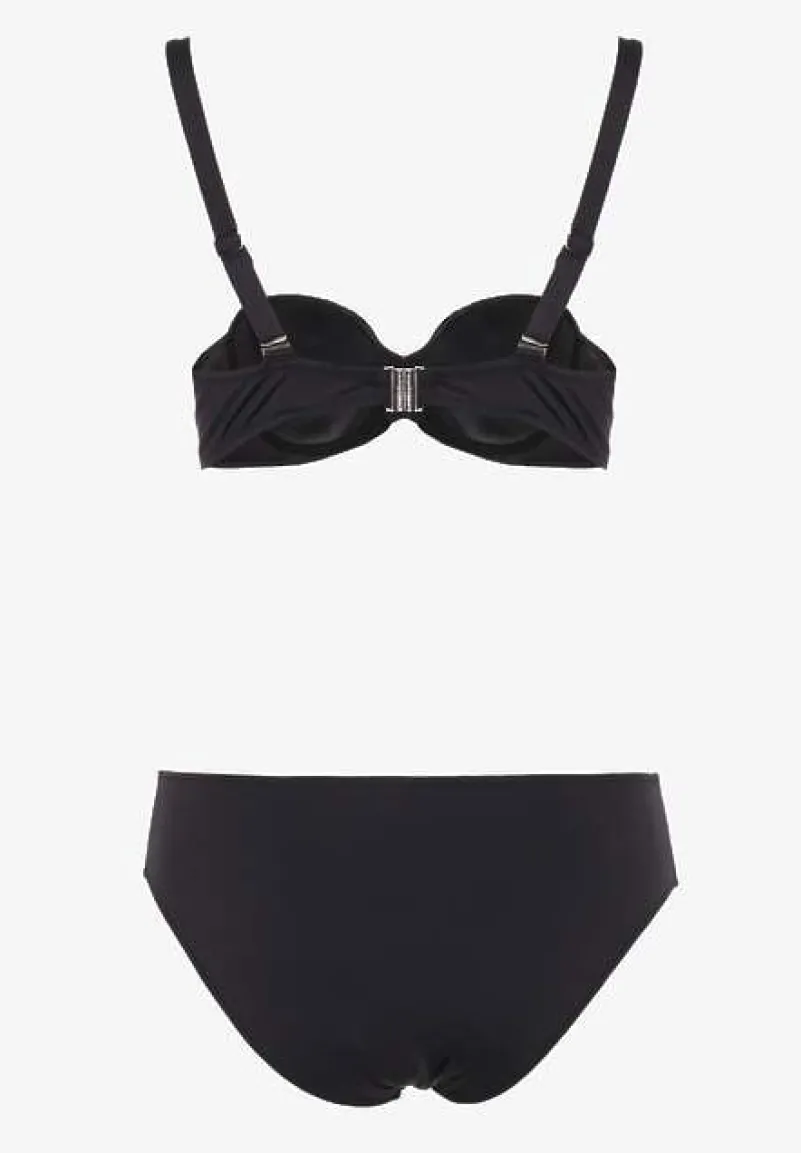 Czarne Bikini Strój Kąpielowy Dwuczęściowy z Ozdobnym Marszczeniem Nariella
