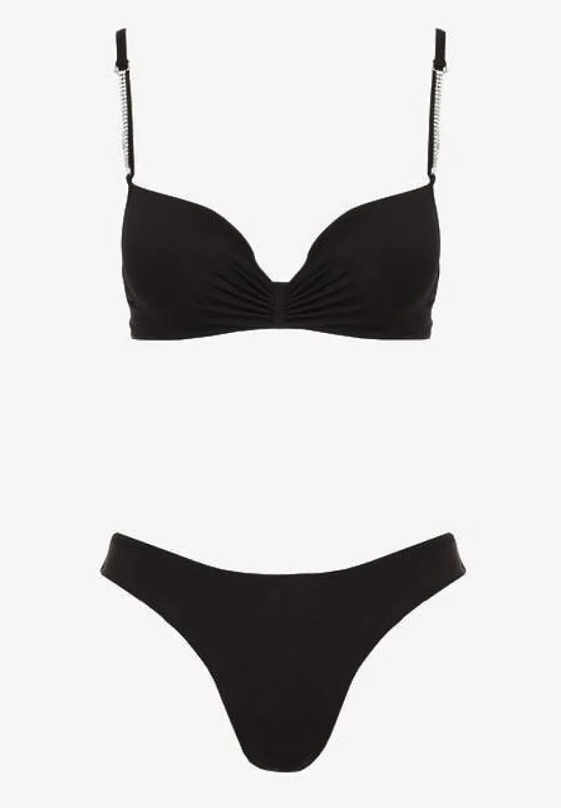 Czarne Bikini Usztywniany Biustonosz z Cyrkoniami i Spodenki Kąpielowe Wykończone Gumką w Pasie Rilamia