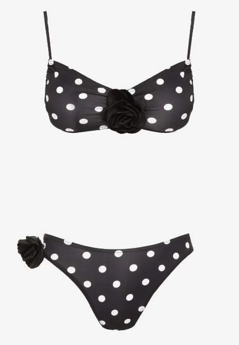 Czarne Bikini w Grochy z Kwiatowymi Aplikacjami Biustonosz i Figi Loritia