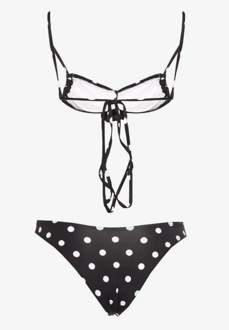 Czarne Bikini w Grochy z Kwiatowymi Aplikacjami Biustonosz i Figi Loritia