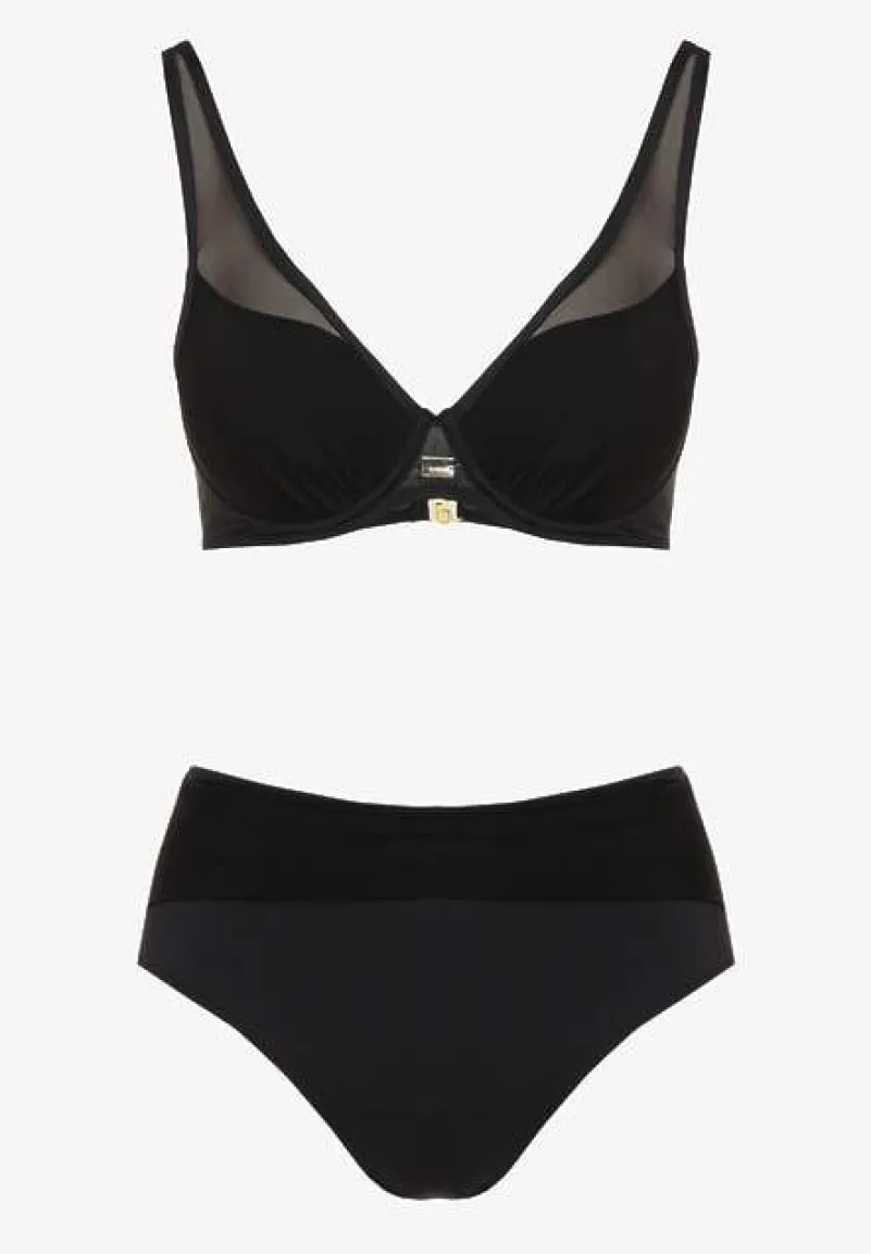 Czarne Bikini z Siateczkowymi Zdobieniami Biustonosz i Majtki Typu Figi Linelissa