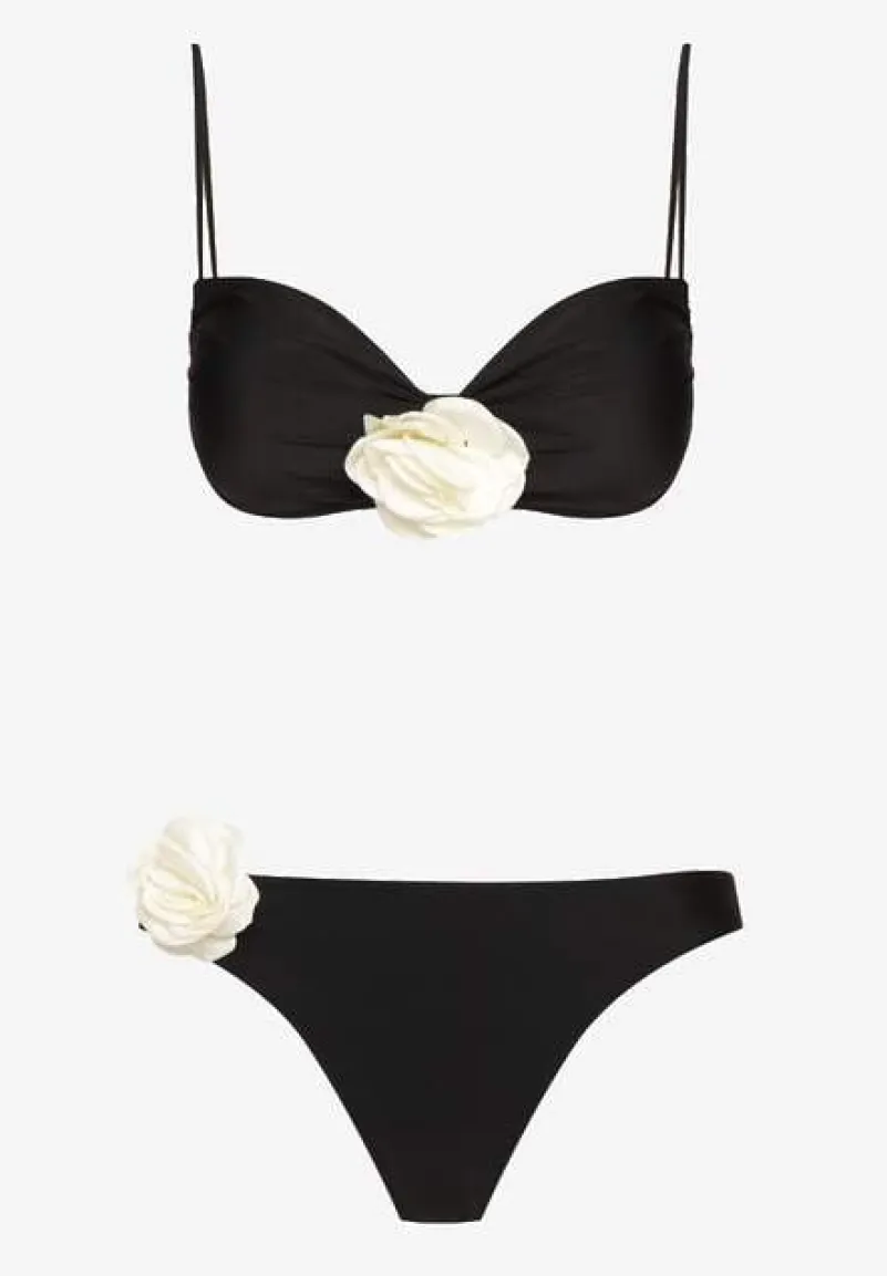 Czarne Bikini z Wiązaną Górą Ozdobione Kwiatowymi Aplikacjami Rivashan