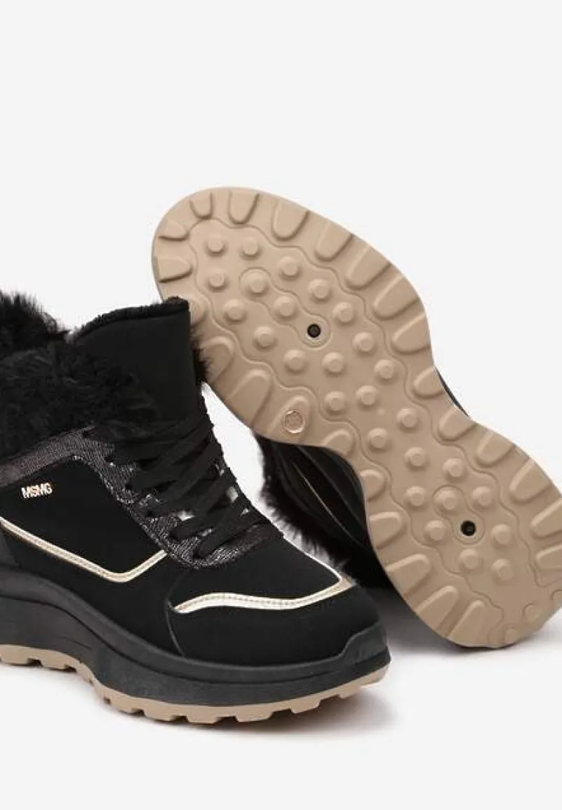 Czarne Trapery Sneakersy na Płaskiej Podeszwie Ozdobione Futerkiem i Metaliczną Wstawką Delaviel