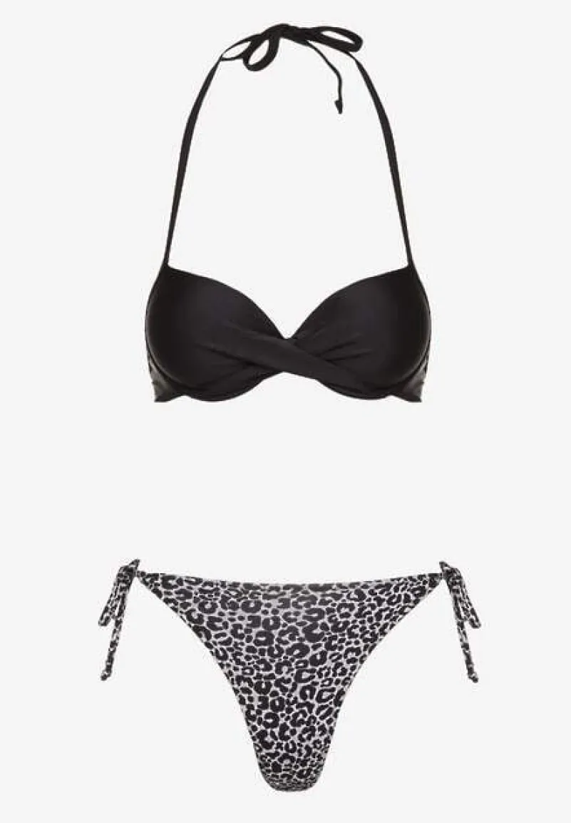 Czarne Wiązane Bikini Biustonosz Halter i Majtki Figi Savadine