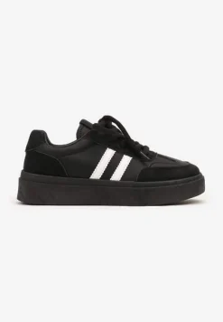 Czarno-Białe Sznurowane Sneakersy na Platformie Ozdobione Paskami Tialise