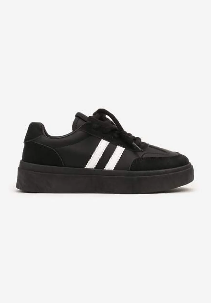 Czarno-Białe Sznurowane Sneakersy na Platformie Ozdobione Paskami Tialise
