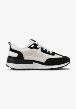 Czarno-Białe Sznurowane Sneakersy z Materiałowymi Wstawkami Aneril