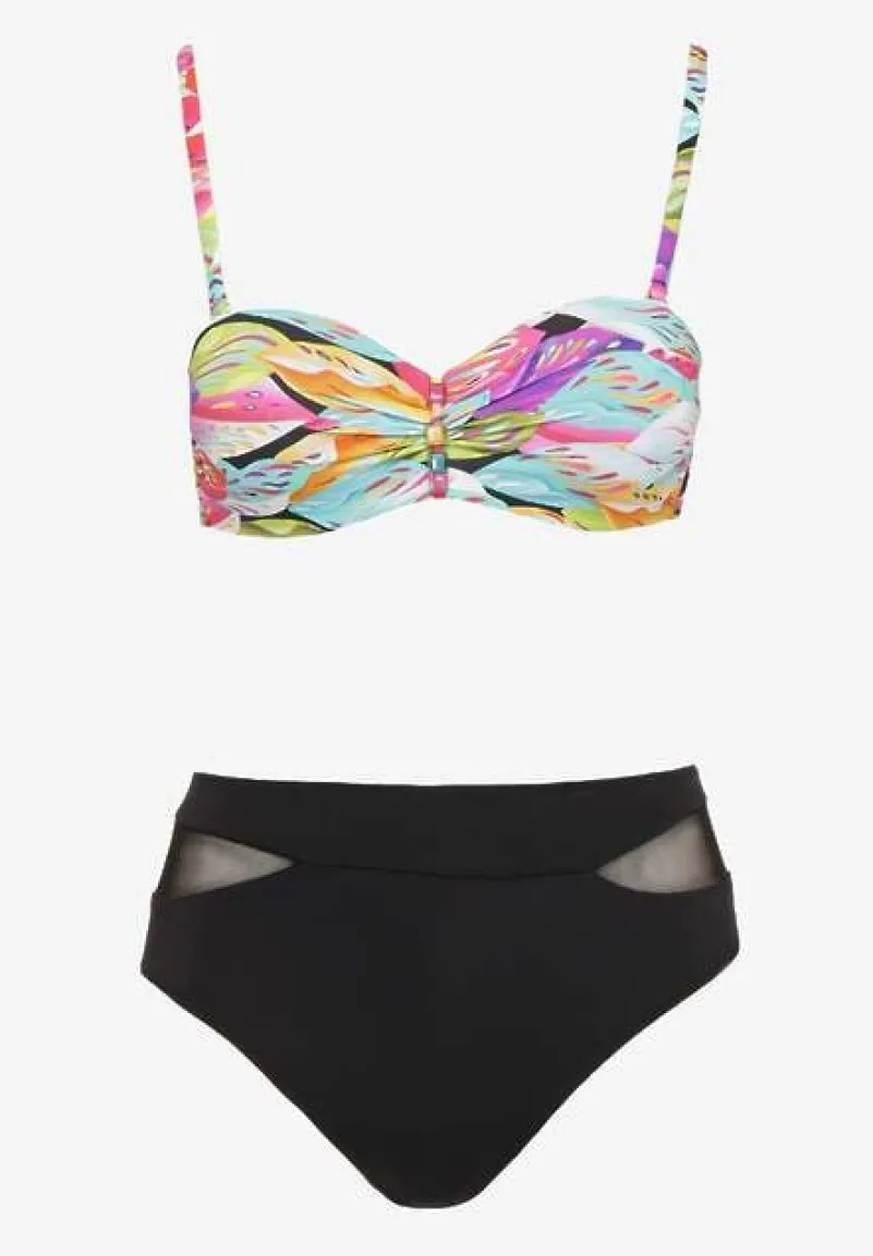 Czarno-Różowe Bikini Majtki Typu Figi i Biustonosz w Abstrakcyjny Motyw Anitlle